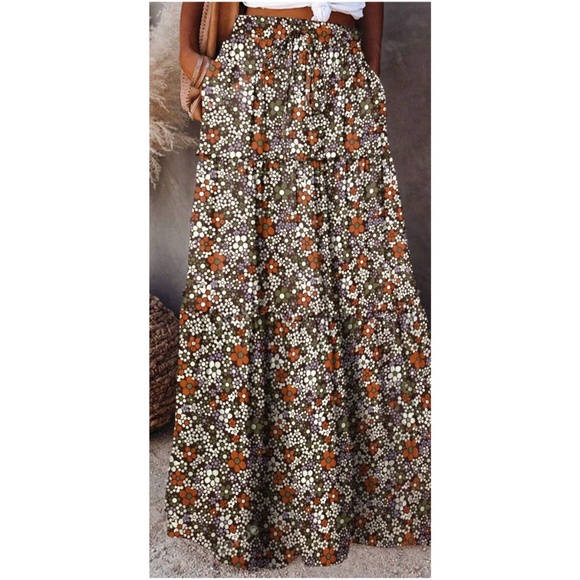 Boho Floral Print Pockets Stretchy Waist Maxi Skirt - Picture 1 of 3